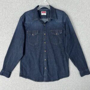 Wrangler Shirt Mens Large Blue Denim Western Pearl Snap Selvedge Cowboy Rodeo